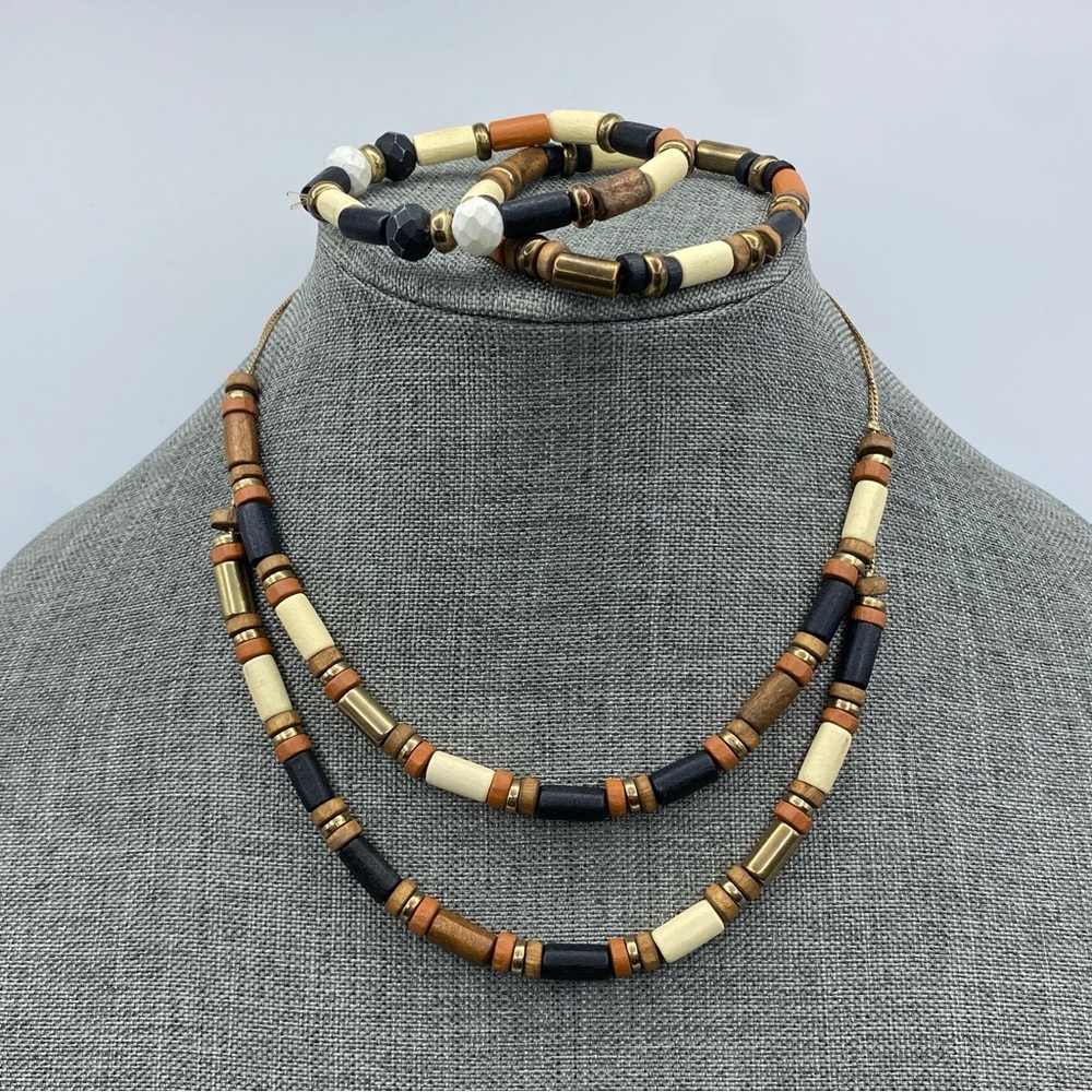 Wood Bead Gold Tone Necklace & Bracelet Set Bohemian Surfer Coastal Boho Ethnic